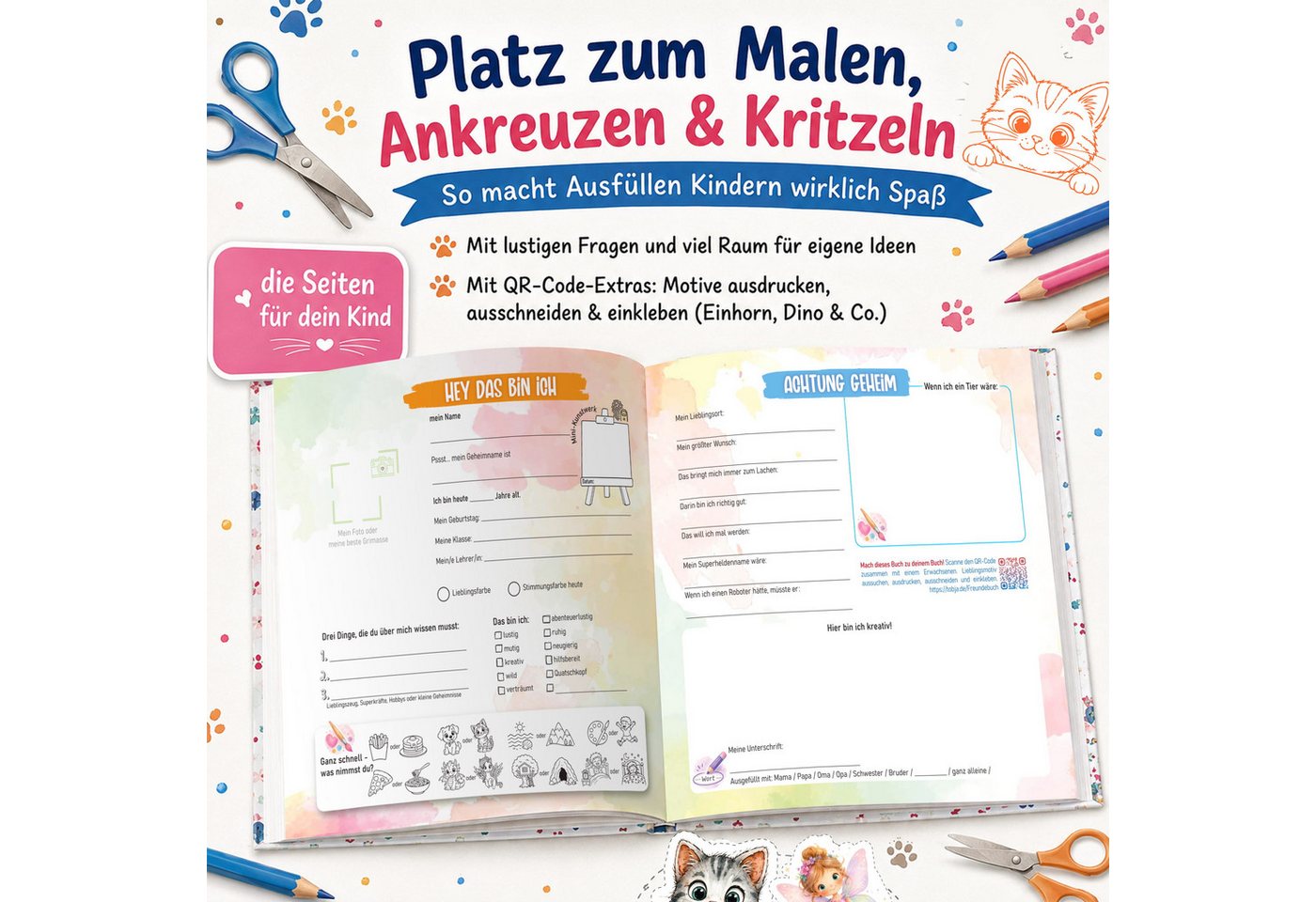 TOBJA Poesiealbum Freundebuch Grundschule Katze 21x21 cm - 32 Freunde, 9 Erwachsene, Katzen-Motiv, 92 Seiten, 32 Doppelseiten, FSC®-Papier Bild 2