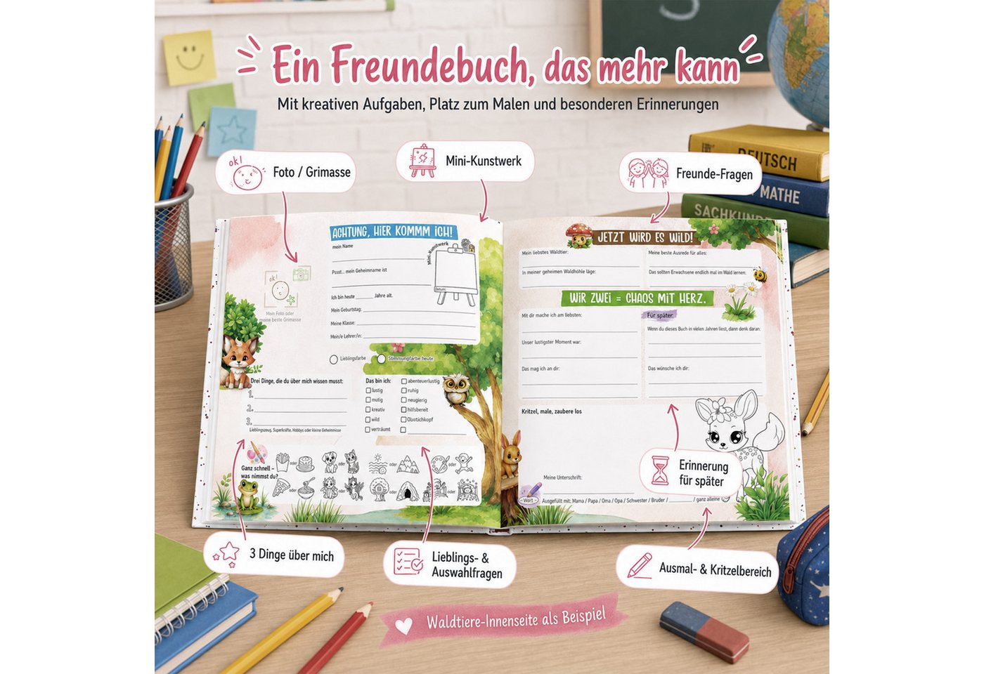 TOBJA Poesiealbum Freundebuch Grundschule Katze 21x21 cm - 32 Freunde, 9 Erwachsene, Katzen-Motiv, 92 Seiten, 32 Doppelseiten, FSC®-Papier Bild 4