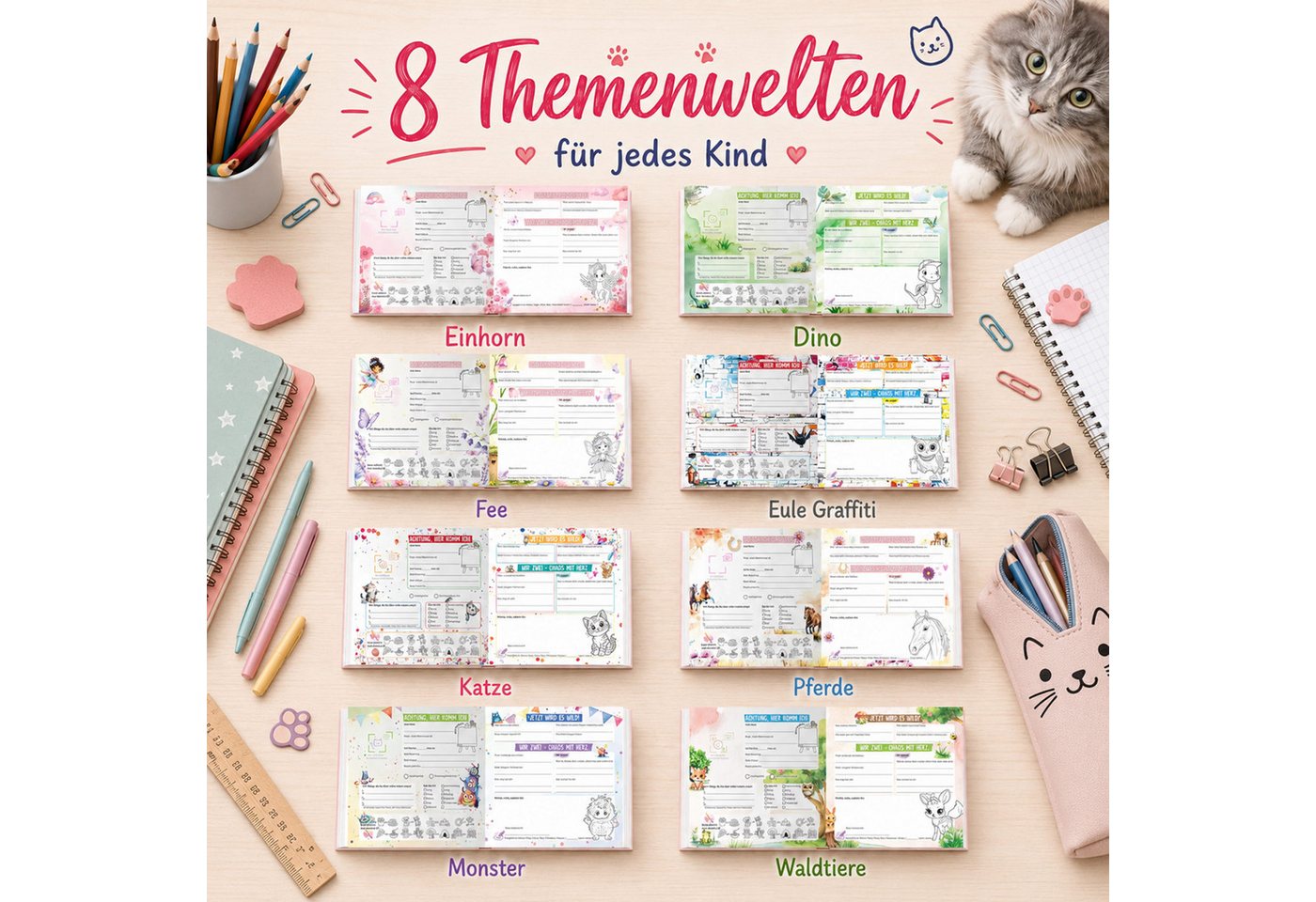 TOBJA Poesiealbum Freundebuch Grundschule Katze 21x21 cm - 32 Freunde, 9 Erwachsene, Katzen-Motiv, 92 Seiten, 32 Doppelseiten, FSC®-Papier Bild 5