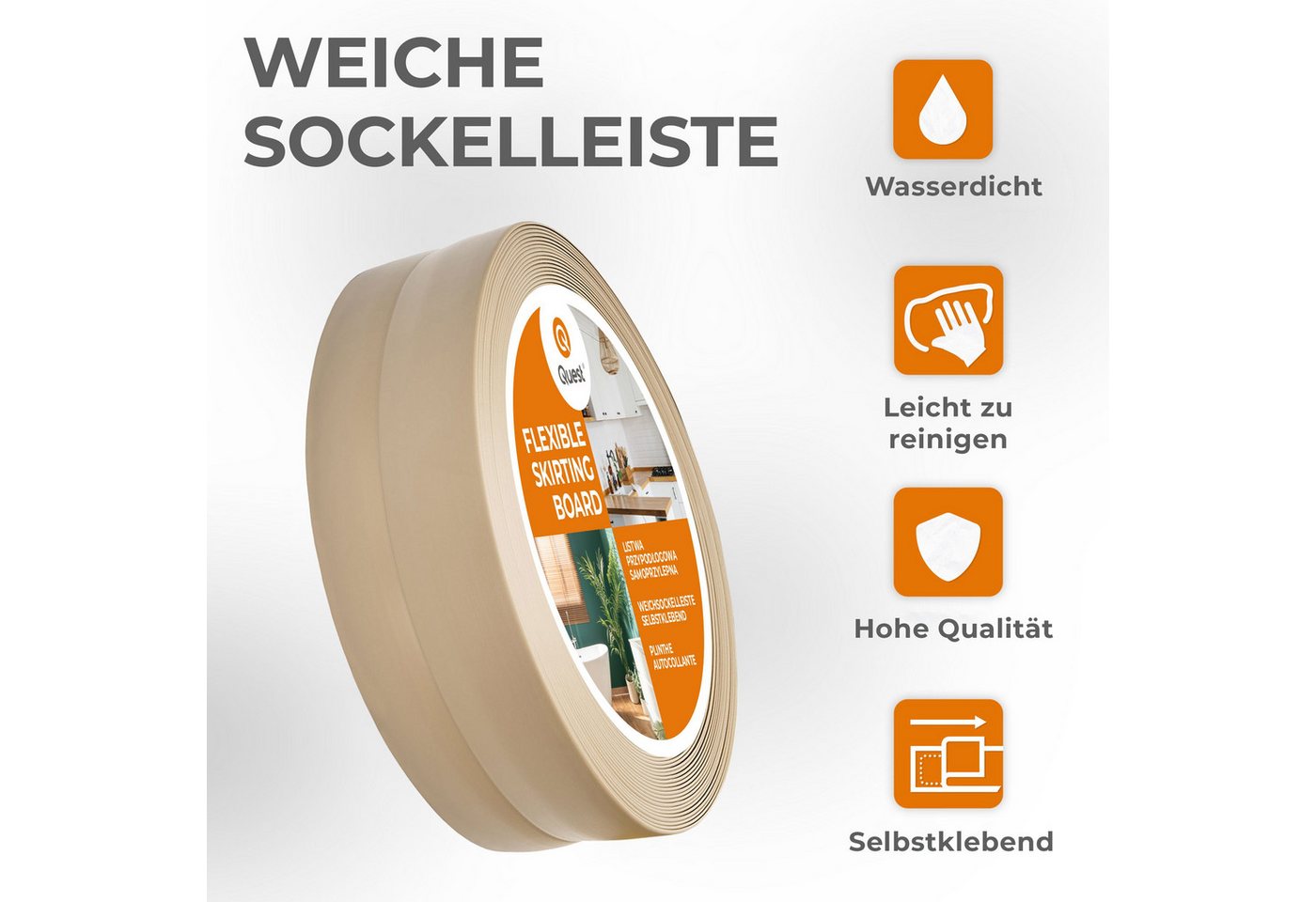 Quest Sockelleiste Weichsockelleiste Selbstklebend 15x15 mm, L: 500,00 cm, H: 1,50 cm, Packung, 1-St., wasserfest, UV-beständig, für Küche & Bad Bild 4