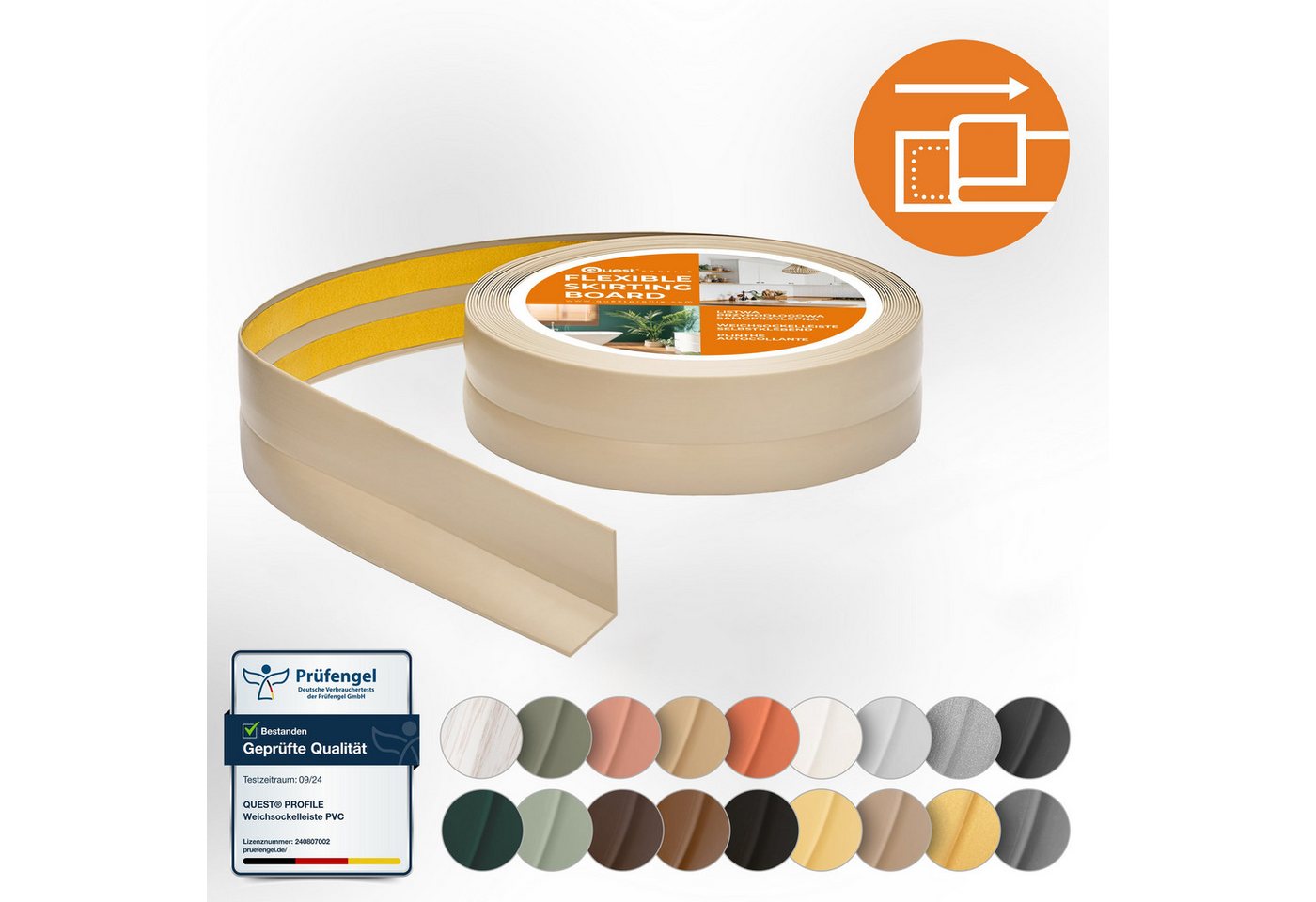Quest Sockelleiste Weichsockelleiste Selbstklebend 15x15 mm, L: 500,00 cm, H: 1,50 cm, Packung, 1-St., wasserfest, UV-beständig, für Küche & Bad Bild 5