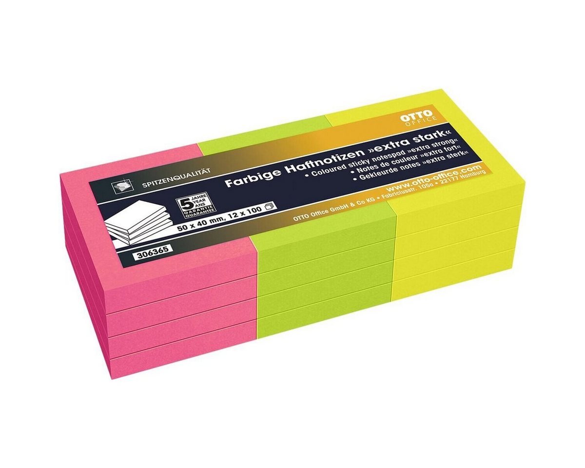 Otto Office Premium Haftnotizblock extra stark, 5,0x4,0 cm in Neonfarben, ablösbar und wiederholt selbstklebend