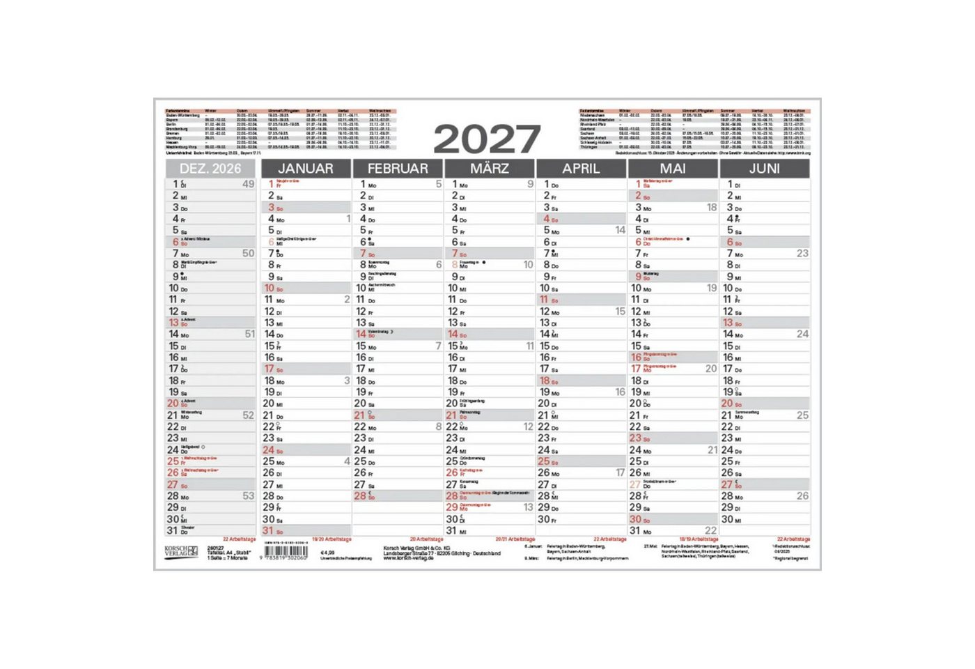 Korsch Verlag Wandkalender Tafelkalender A4 "Stabil" 2027 Bild 2