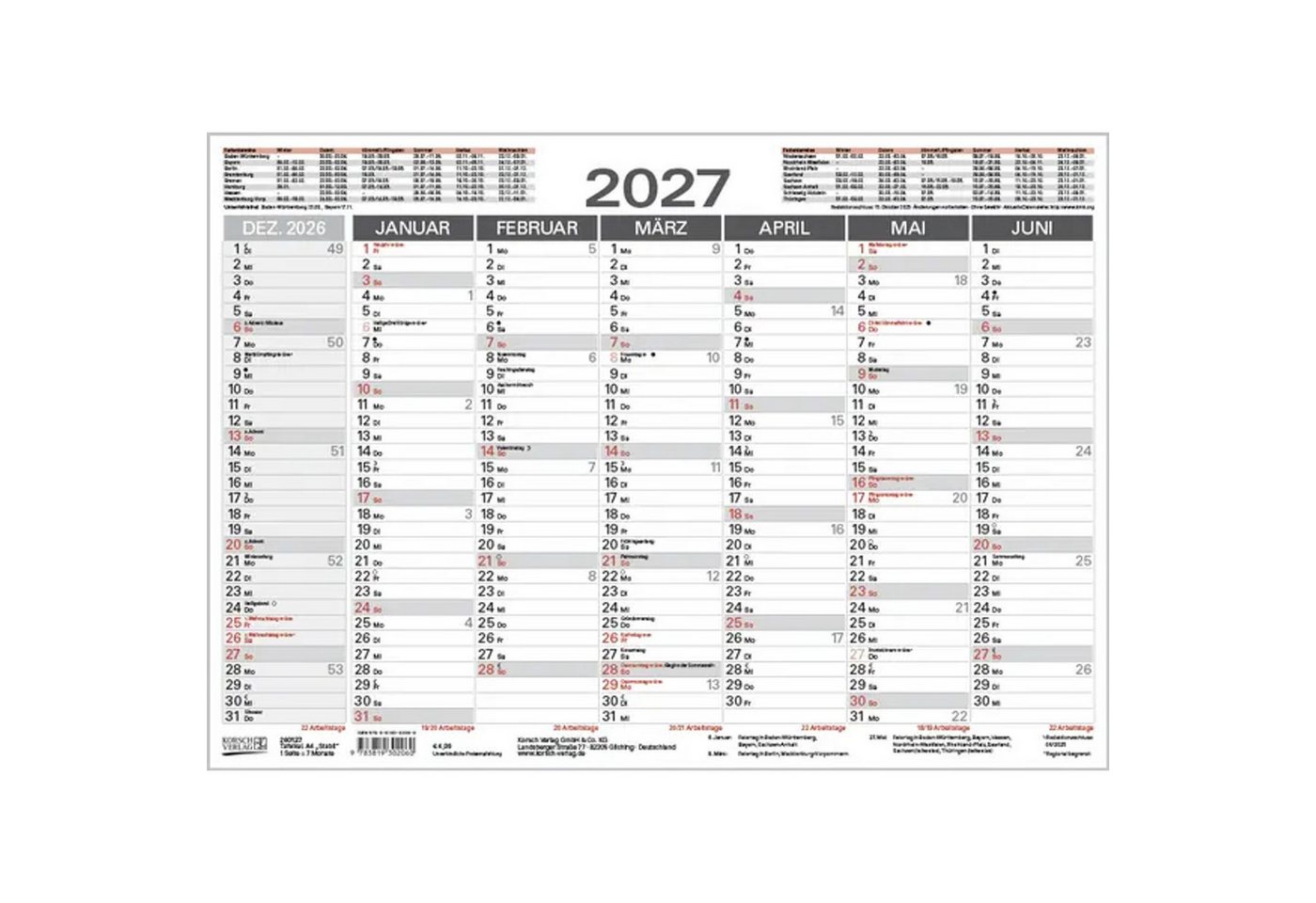 Korsch Verlag Wandkalender Tafelkalender A4 "Stabil" 2027 Bild 3