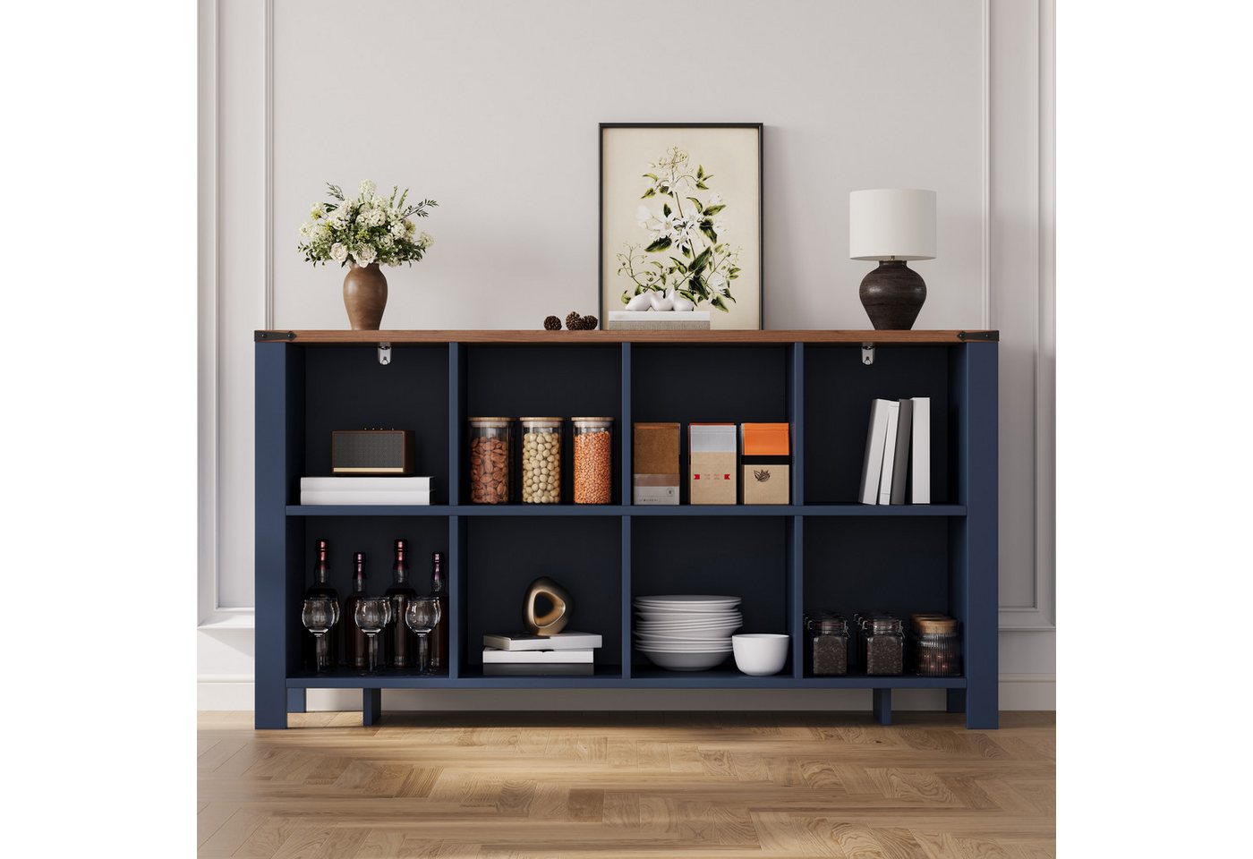 Flieks Bücherregal Standregal Würfelregal mit 8 Fächern, Arbeitsplatte Walnussholzfarbe, 1-tlg., Raumteilerregal Multifunktionsschrank Aktenregal Dunkelblau Bild 3
