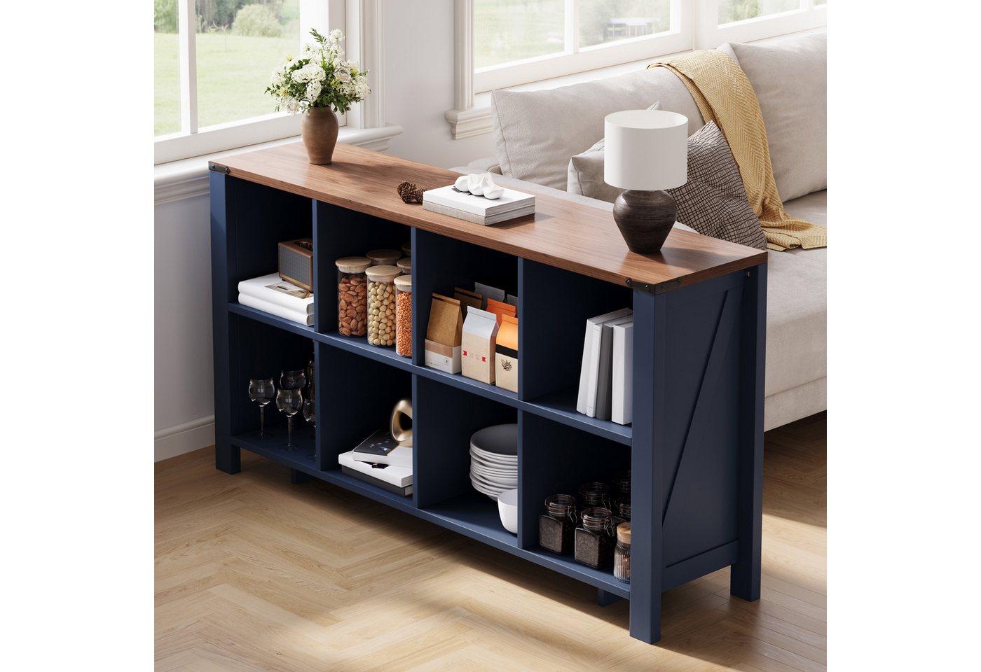 Flieks Bücherregal Standregal Würfelregal mit 8 Fächern, Arbeitsplatte Walnussholzfarbe, 1-tlg., Raumteilerregal Multifunktionsschrank Aktenregal Dunkelblau Bild 4