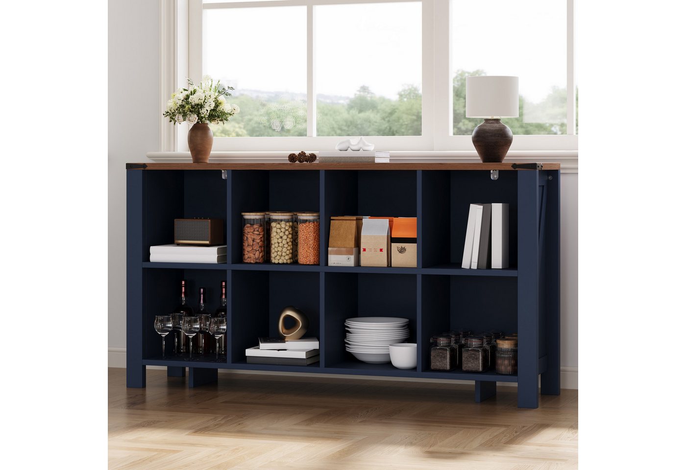 Flieks Bücherregal Standregal Würfelregal mit 8 Fächern, Arbeitsplatte Walnussholzfarbe, 1-tlg., Raumteilerregal Multifunktionsschrank Aktenregal Dunkelblau Bild 5