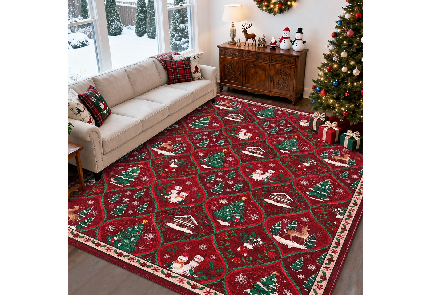 GarveeMore Teppich Festlicher Roter Weihnachtsteppich mit Schneemann & Tannenbaum, Höhe: 5 mm