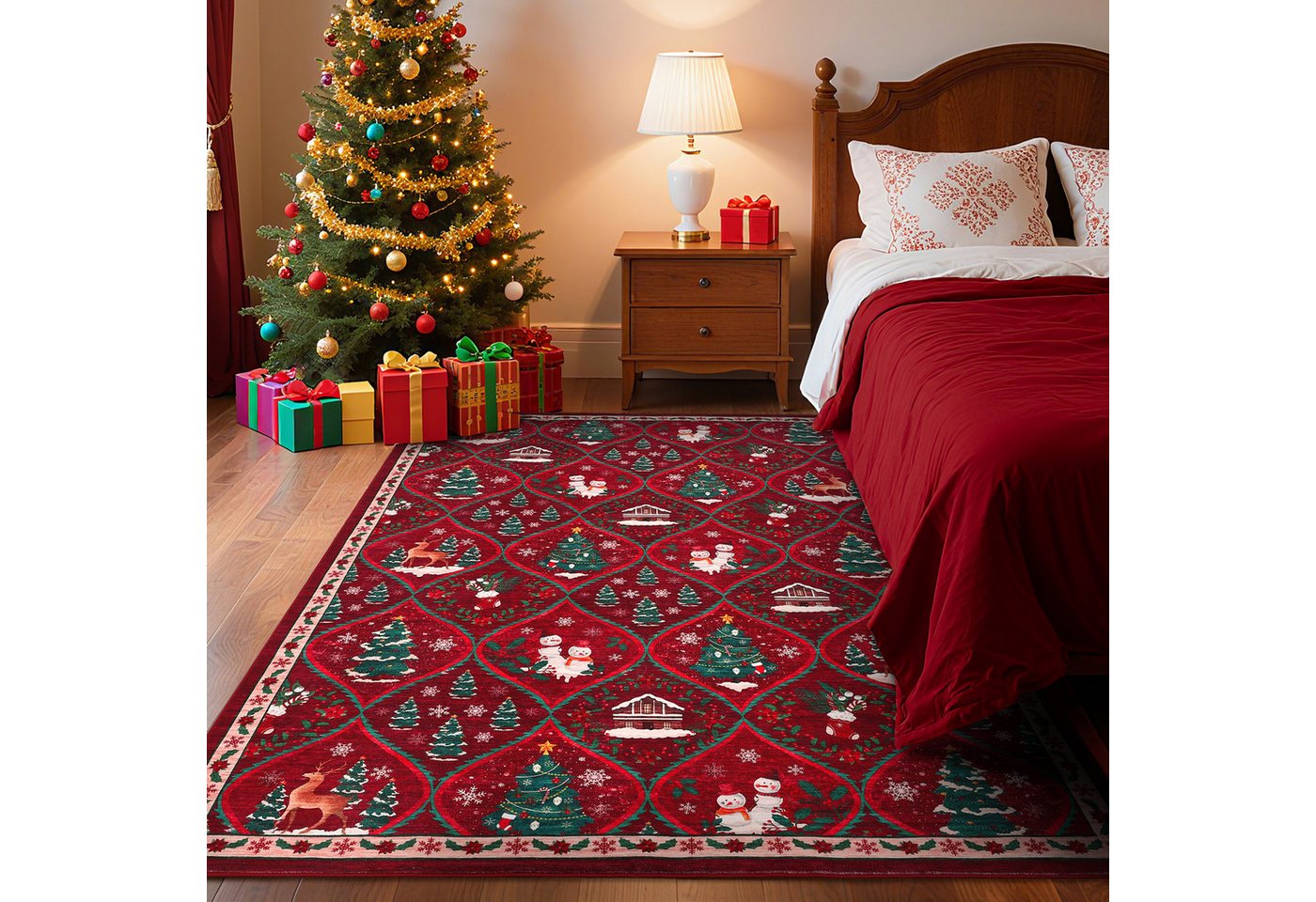 GarveeMore Teppich Festlicher Roter Weihnachtsteppich mit Schneemann & Tannenbaum, Höhe: 5 mm Bild 3