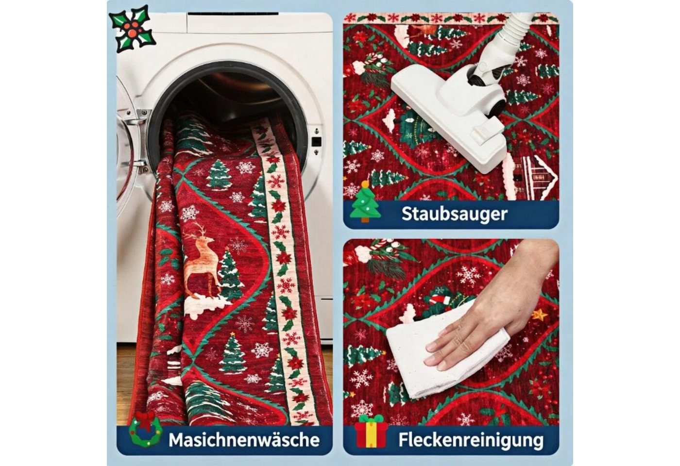 GarveeMore Teppich Festlicher Roter Weihnachtsteppich mit Schneemann & Tannenbaum, Höhe: 5 mm Bild 4