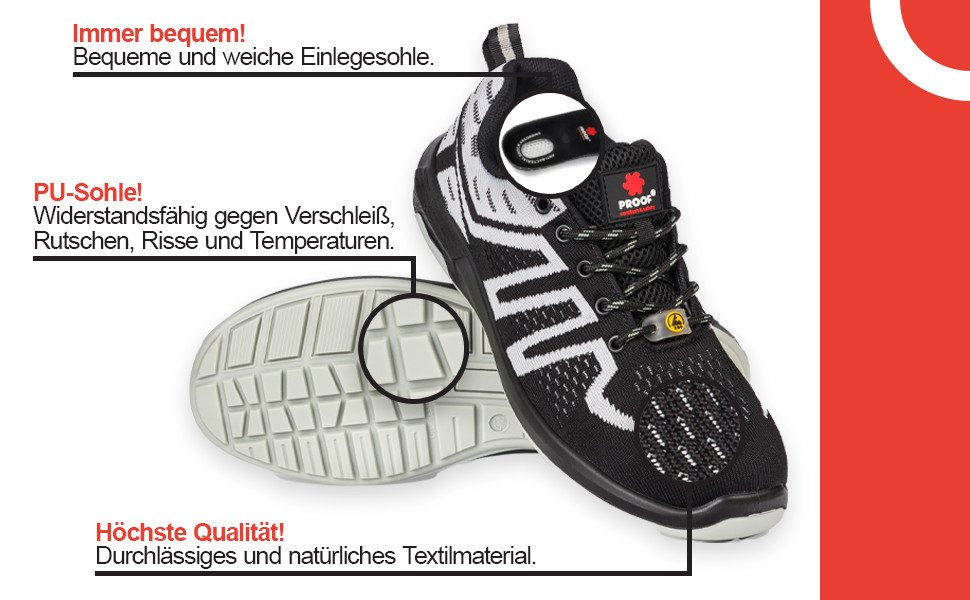 PROOF comfort & safety Sicherheitsschuhe KAPS5 S1 ESD SRC Arbeitsschuhe Stahlkappe Arbeitsschuh (Hoher Tragekomfort – dank der Verwendung leichter Materialien bieten die Schuhe eine hervorragende Atmungsaktivität und eine perfekte Passform., Modernes Design–Stilvolle Aussehen, funktional, ästhetisch) leichte Berufsschuhe für Damen und Herren Bild 2