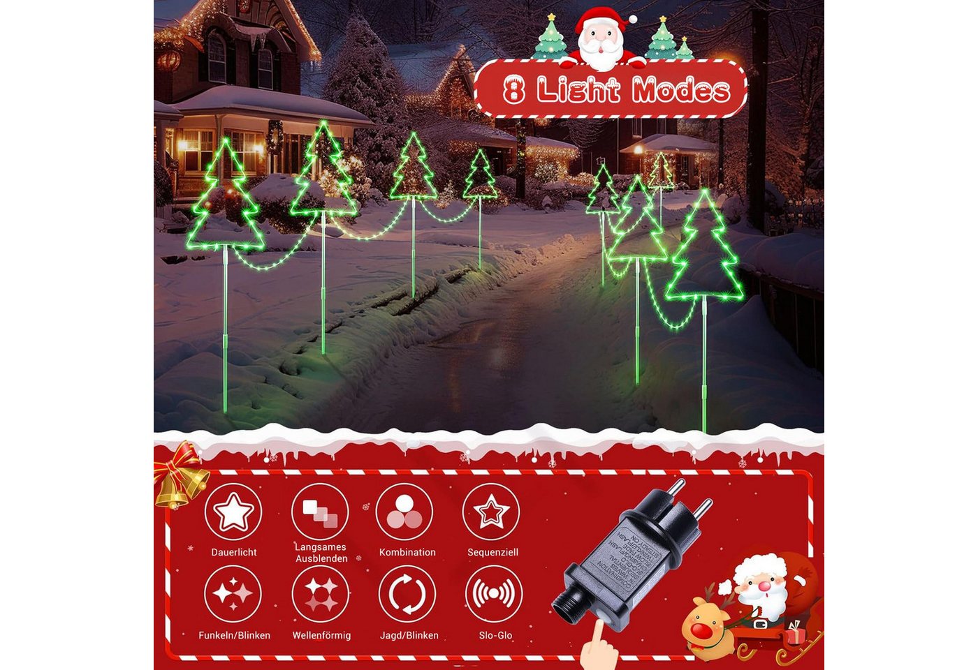 Quntis LED-Lichterkette Weihnachtsdeko Gartenstecker mit Timer, Weihnachtsbeleuchtung Garten, 4er Set Weihnachtsbäume mit stecker für Weihnachten Außen Wege Rasen