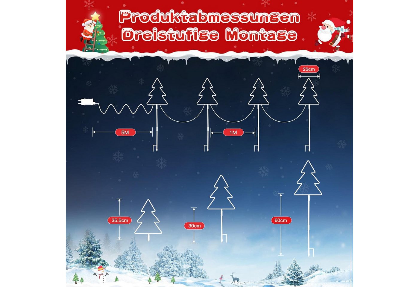 Quntis LED-Lichterkette Weihnachtsdeko Gartenstecker mit Timer, Weihnachtsbeleuchtung Garten, 4er Set Weihnachtsbäume mit stecker für Weihnachten Außen Wege Rasen Bild 2