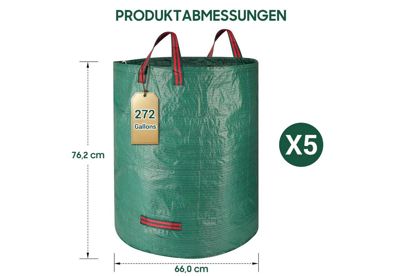 AIMAX Gartensack 5er Pack 272L Laubsack aus reißfestem PP-Gewebe, selbststehend mit Griffen, wasserdicht & faltbar für Gartenabfälle Bild 5