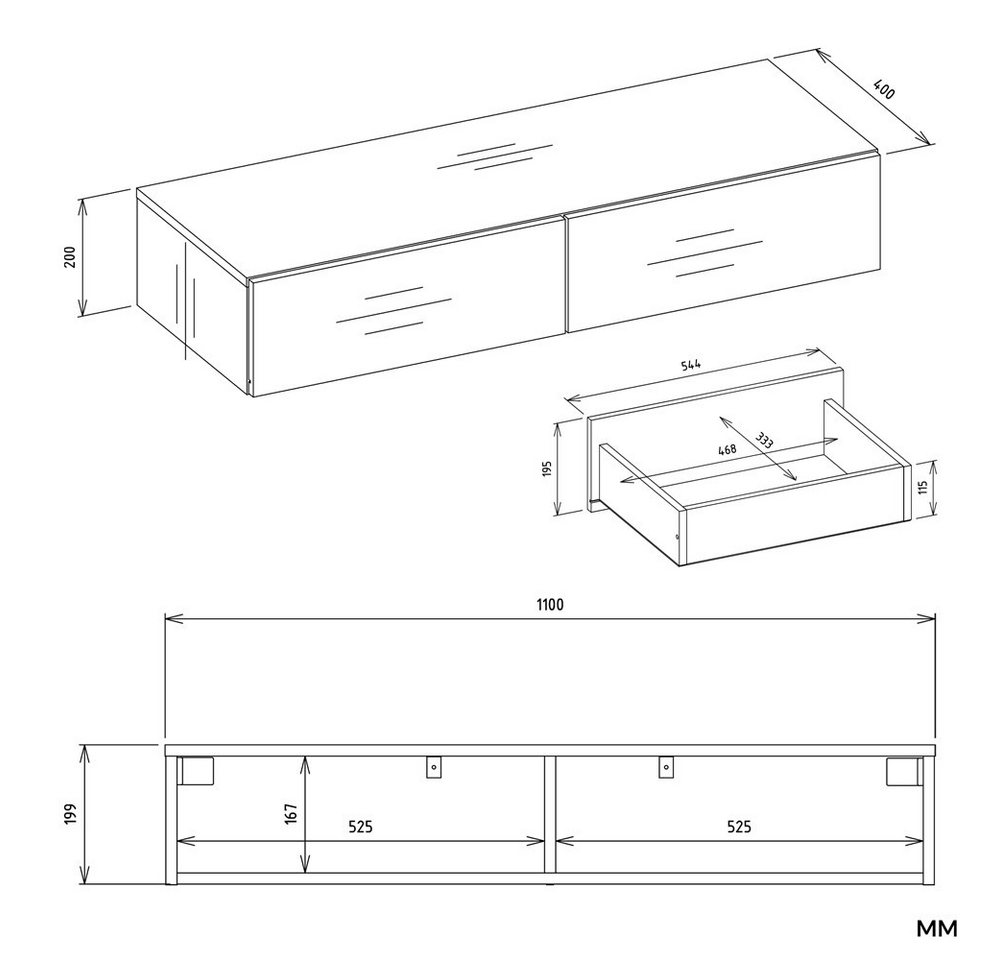 ibonto Wandhängeschrank Schminktisch hängend 110 cm mit 2 Schubladen, ohne Spiegel Bild 3
