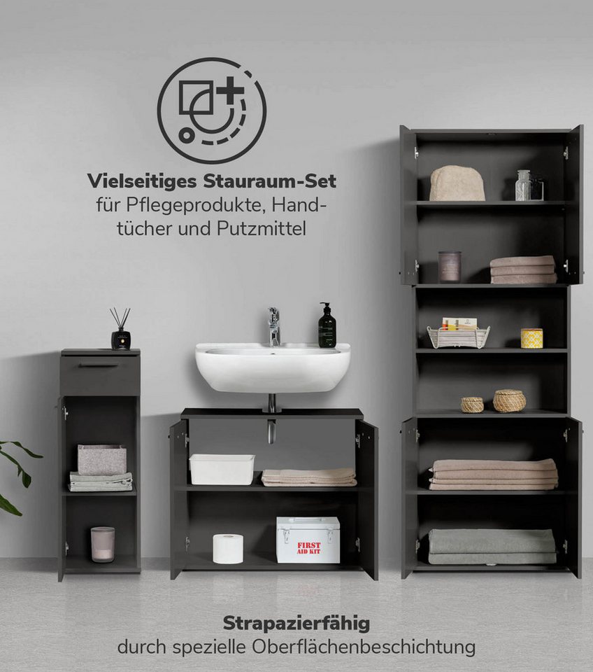 mokebo Badmöbel-Set Badezimmerschrank Schrank Set Steuermann Waschbeckenunterschrank, (3-teilig aus Holz), Made in Germany, Bad Set Hochsschrank breit Badezimmer Anthrazit