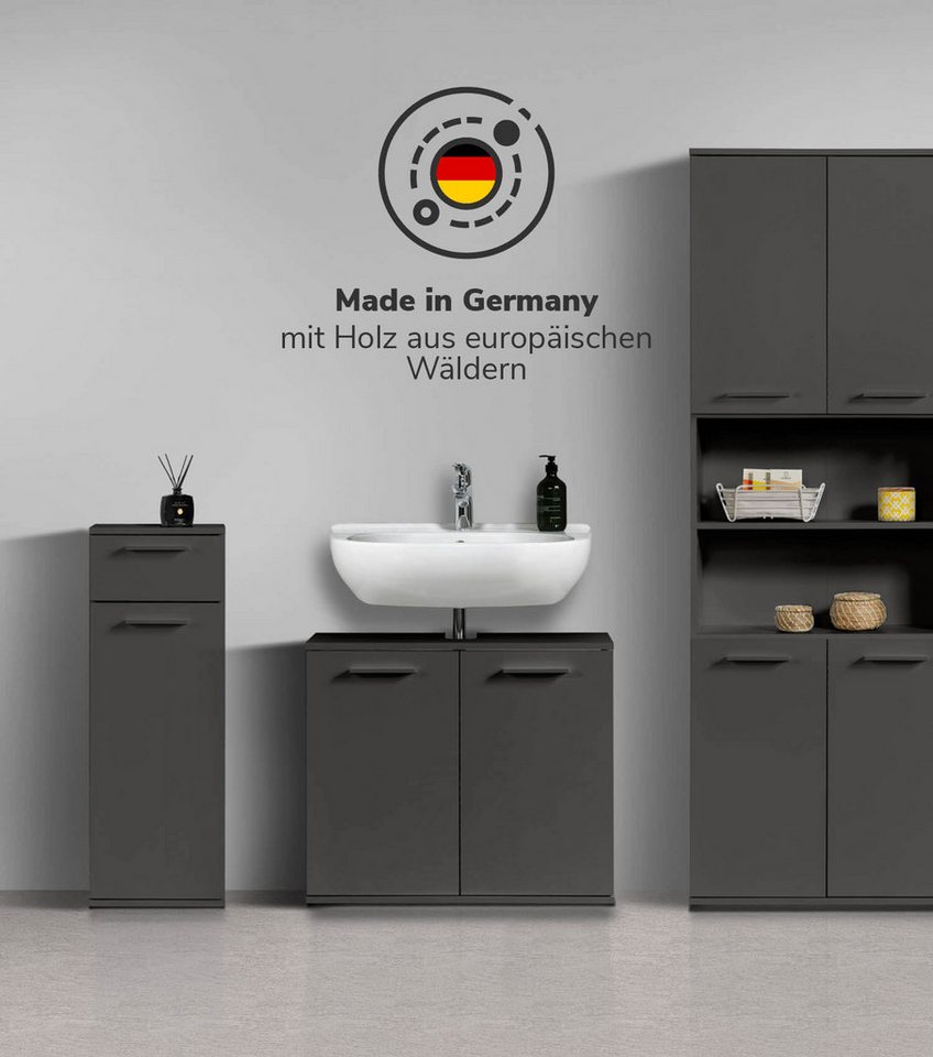 mokebo Badmöbel-Set Badezimmerschrank Schrank Set Steuermann Waschbeckenunterschrank, (3-teilig aus Holz), Made in Germany, Bad Set Hochsschrank breit Badezimmer Anthrazit Bild 2