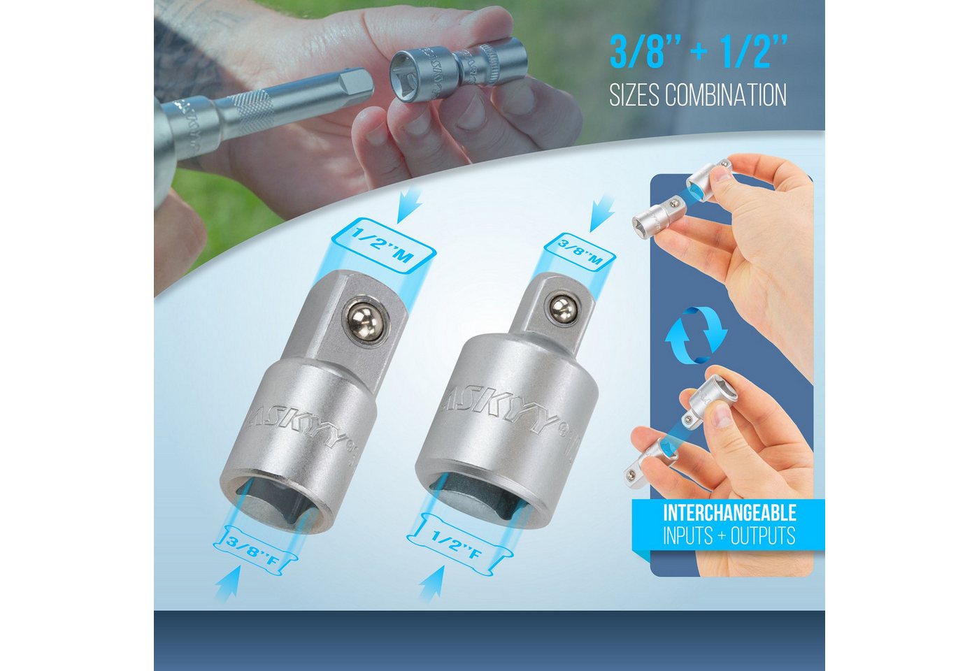 HASKYY Bit- und Steckschlüsselset Stecknuss Adapter Set 7tlg. Reduzierstück 1/4" 3/8" 1/2" 3/4" & Bit
