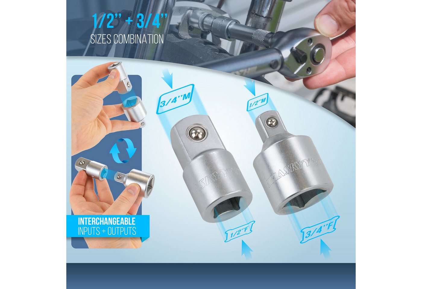 HASKYY Bit- und Steckschlüsselset Stecknuss Adapter Set 7tlg. Reduzierstück 1/4" 3/8" 1/2" 3/4" & Bit Bild 3
