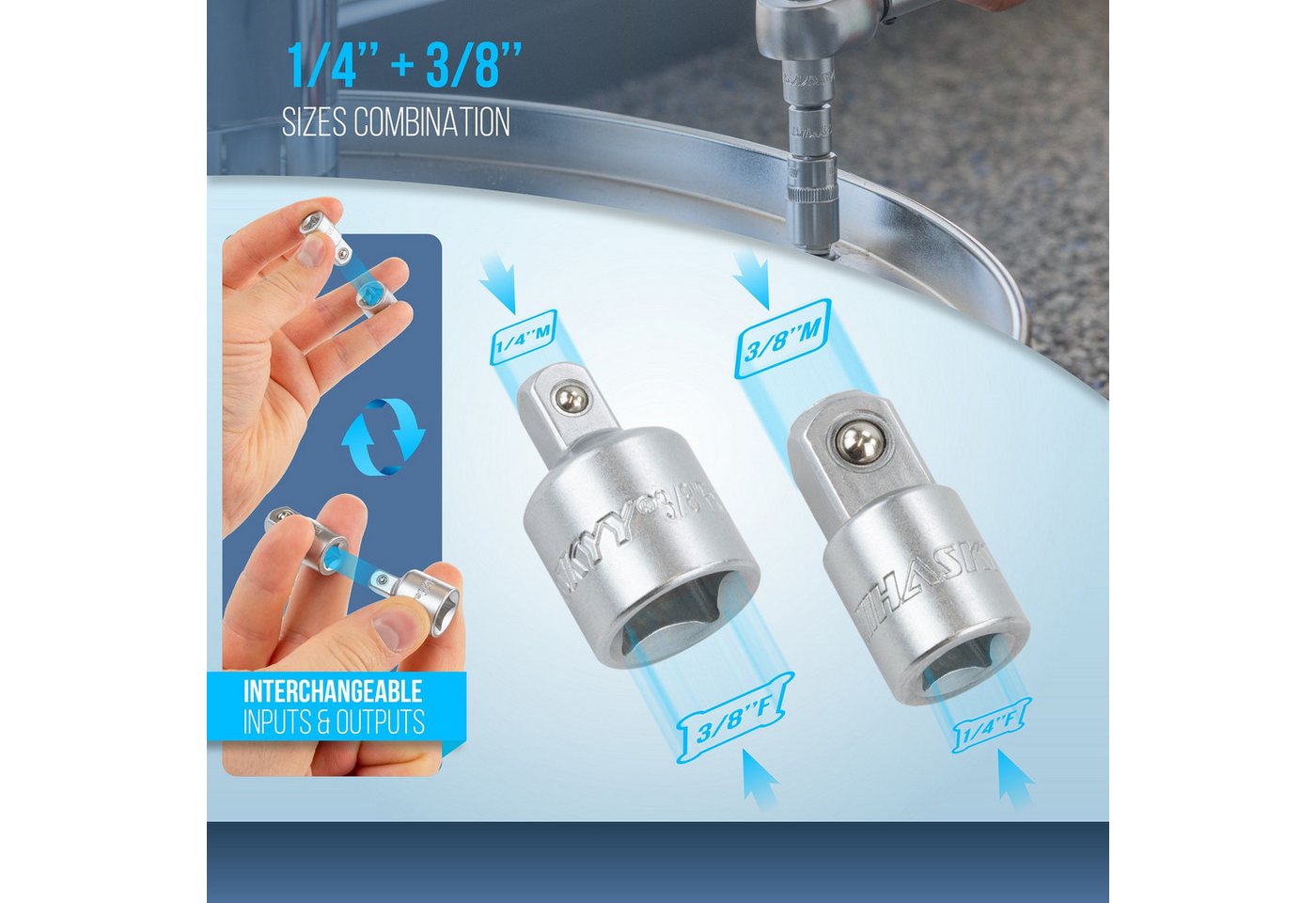 HASKYY Bit- und Steckschlüsselset Stecknuss Adapter Set 7tlg. Reduzierstück 1/4" 3/8" 1/2" 3/4" & Bit Bild 5