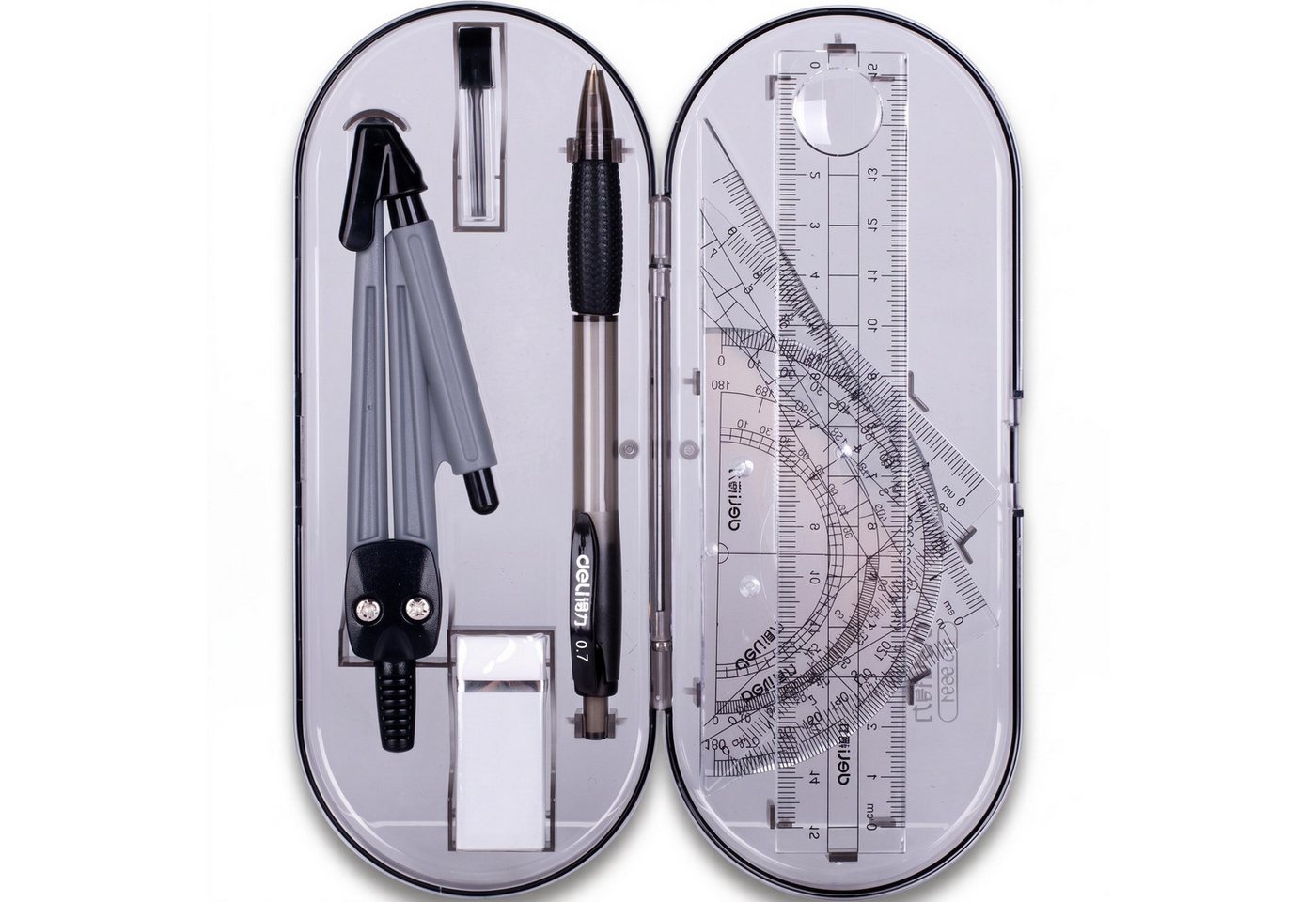 GarveeMore Geodreieck Geometrie-Set 8-teilig – Zirkel, Lineal, Dreiecke, Winkelmesser, Zirkel mit integriertem Minenstift – robustes Metall, Box