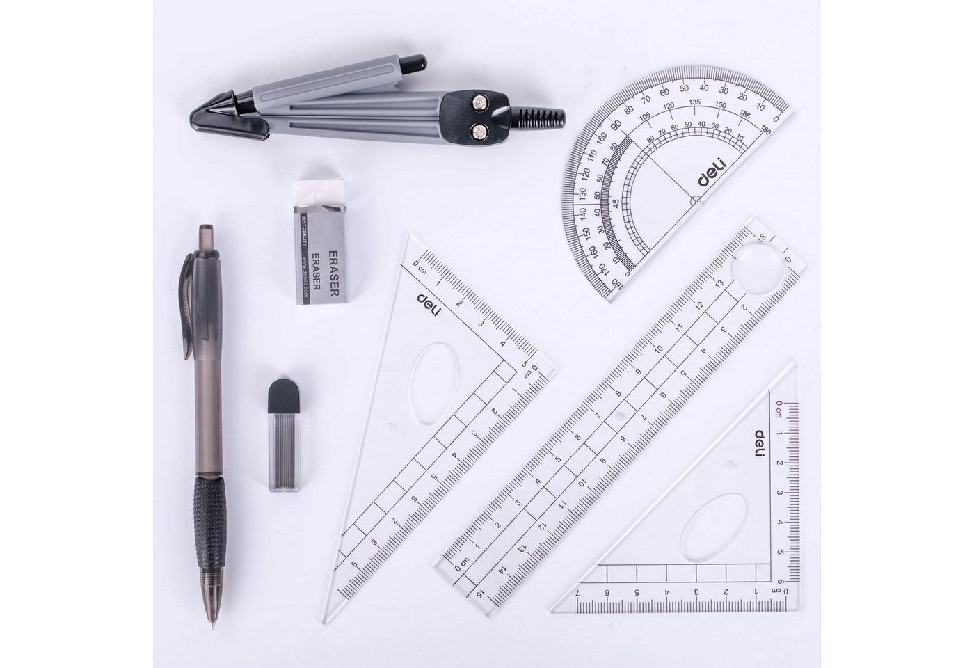 GarveeMore Geodreieck Geometrie-Set 8-teilig – Zirkel, Lineal, Dreiecke, Winkelmesser, Zirkel mit integriertem Minenstift – robustes Metall, Box Bild 2