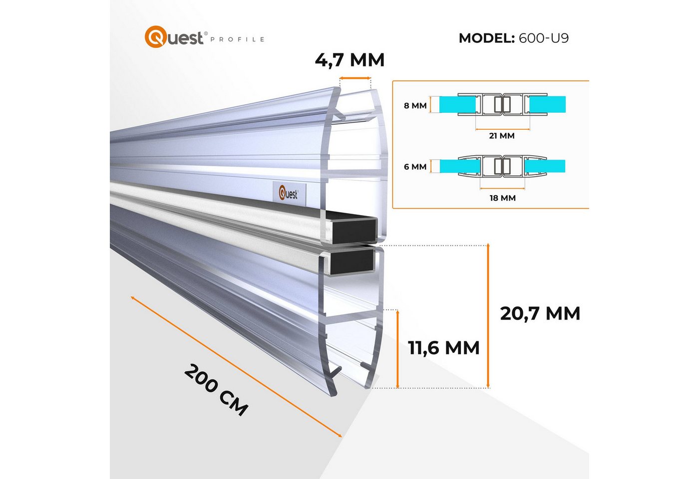 Quest Duschdichtung Magnetdichtung gerade, 200 cm, 2 Stück, L: 200,00 cm, (Packung, 2-St), für 6-8 mm Glas, 200 cm, transparent