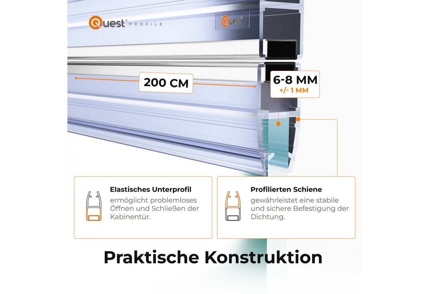 Quest Duschdichtung Magnetdichtung gerade, 200 cm, 2 Stück, L: 200,00 cm, (Packung, 2-St), für 6-8 mm Glas, 200 cm, transparent Bild 2