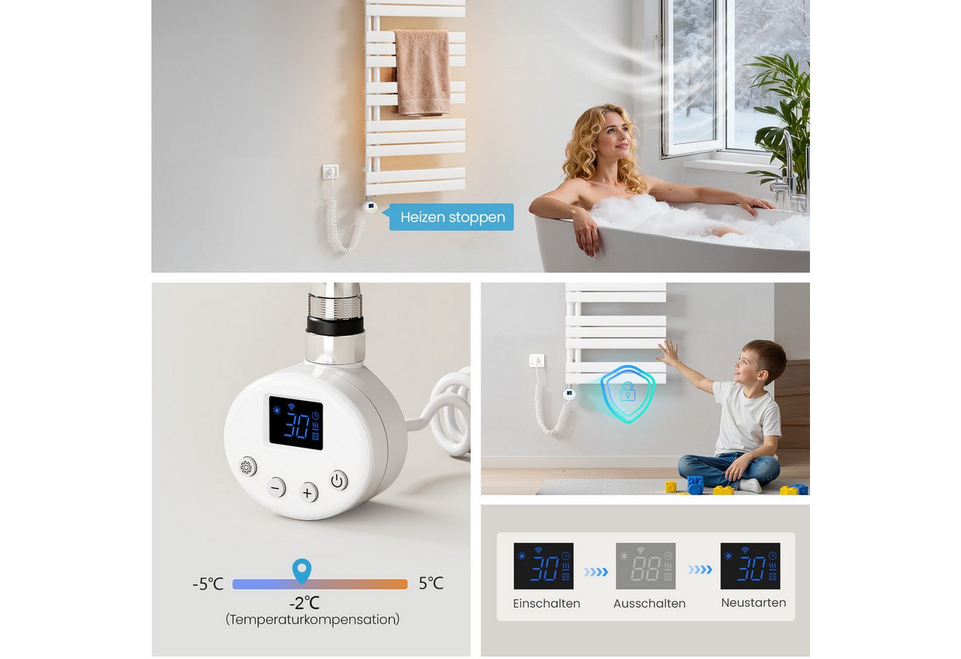 Heilmetz Elektrischer Badheizkörper 117,6 x 40 cm, 600W, mit WLAN Heizstab, Asymmetrisch Design, Weiß Handtuchwärmer mit Smart App/Sprachsteuerung Bild 4