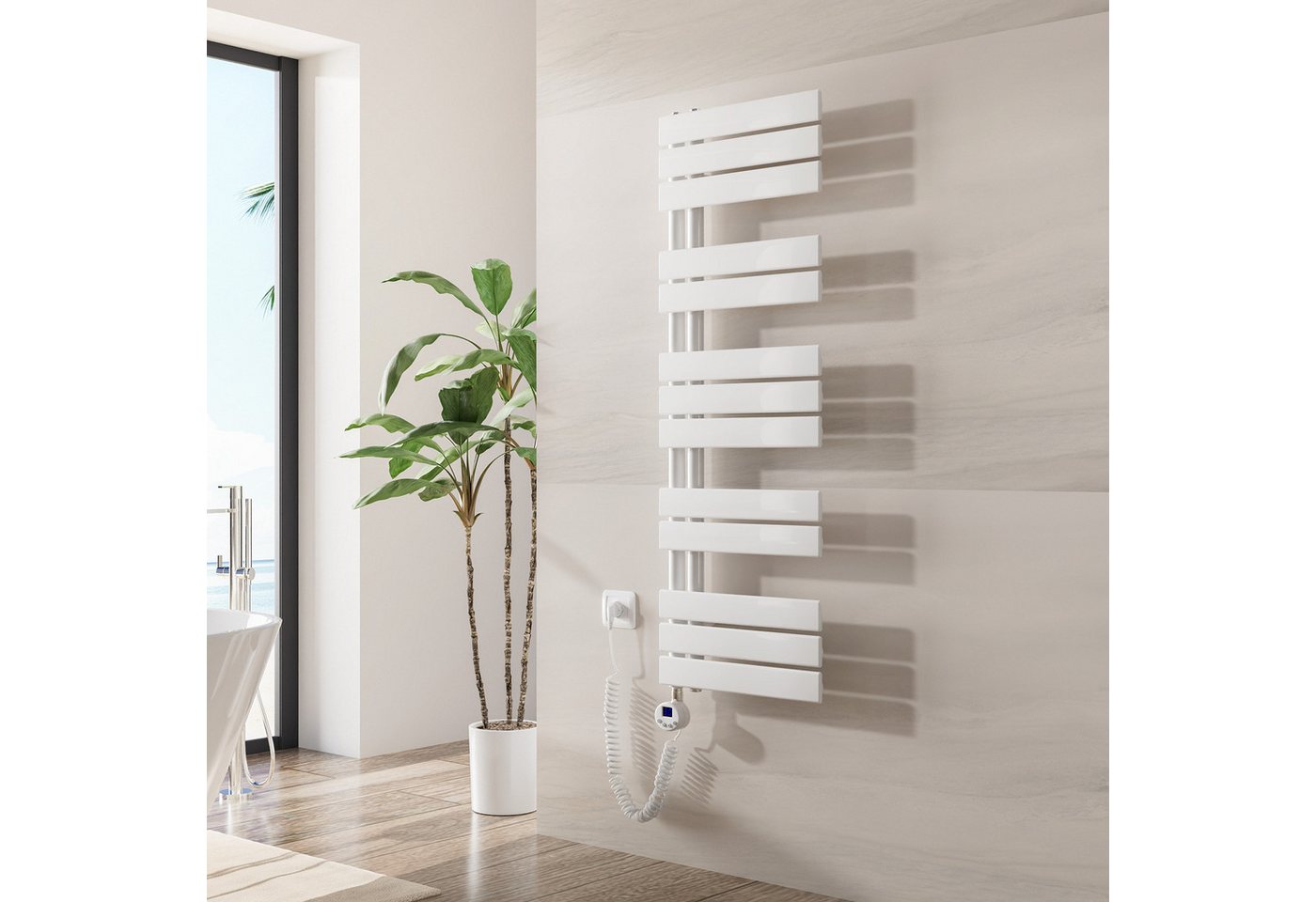 Heilmetz Elektrischer Badheizkörper 117,6 x 40 cm, 600W, mit WLAN Heizstab, Asymmetrisch Design, Weiß Handtuchwärmer mit Smart App/Sprachsteuerung Bild 5