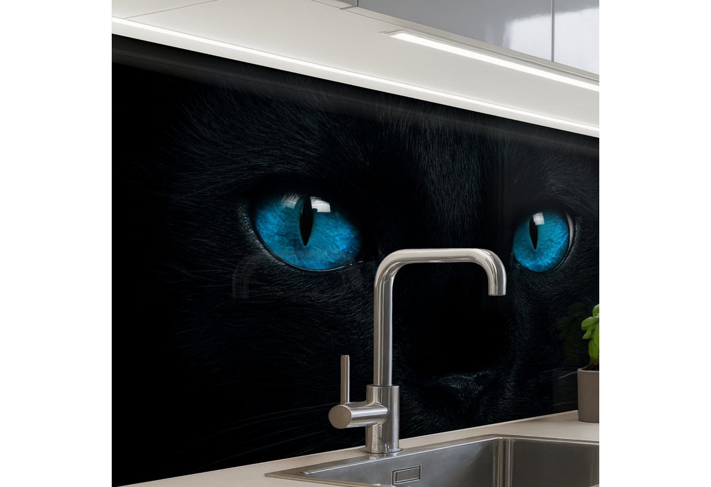 KitchenYeah Küchenrückwand Muster selbstklebend (keine Folie) Katze - Blau - Tier - Schwarz, (1-tlg), Spritzschutz, Küche, Rückwand, Küchenwand, Küchenfront, 30x20 cm