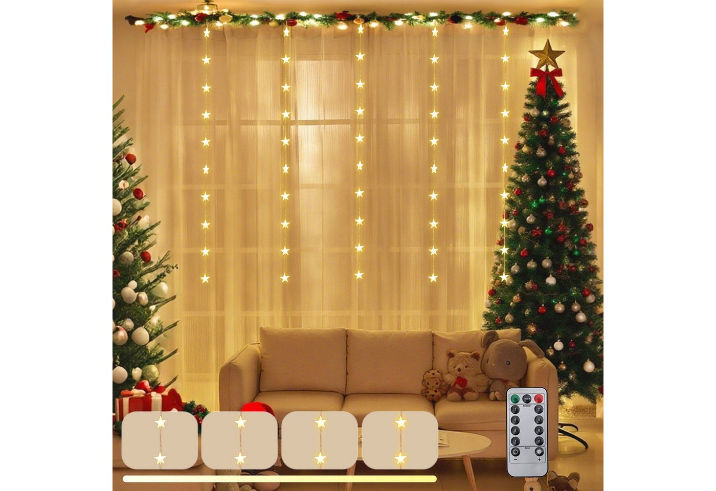 Salcar LED-Lichterkette LED Sternen Lichterkette Weihnachts LED Lichterkette Vorhang USB, 50 Warmweiße LED Sternen Bild 2