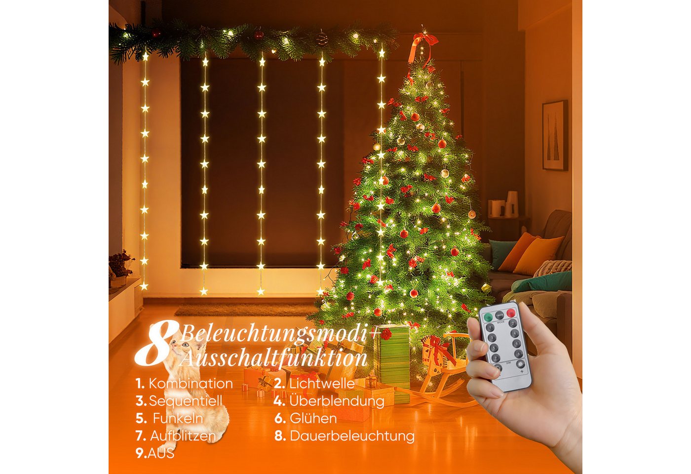 Salcar LED-Lichterkette LED Sternen Lichterkette Weihnachts LED Lichterkette Vorhang USB, 50 Warmweiße LED Sternen Bild 3