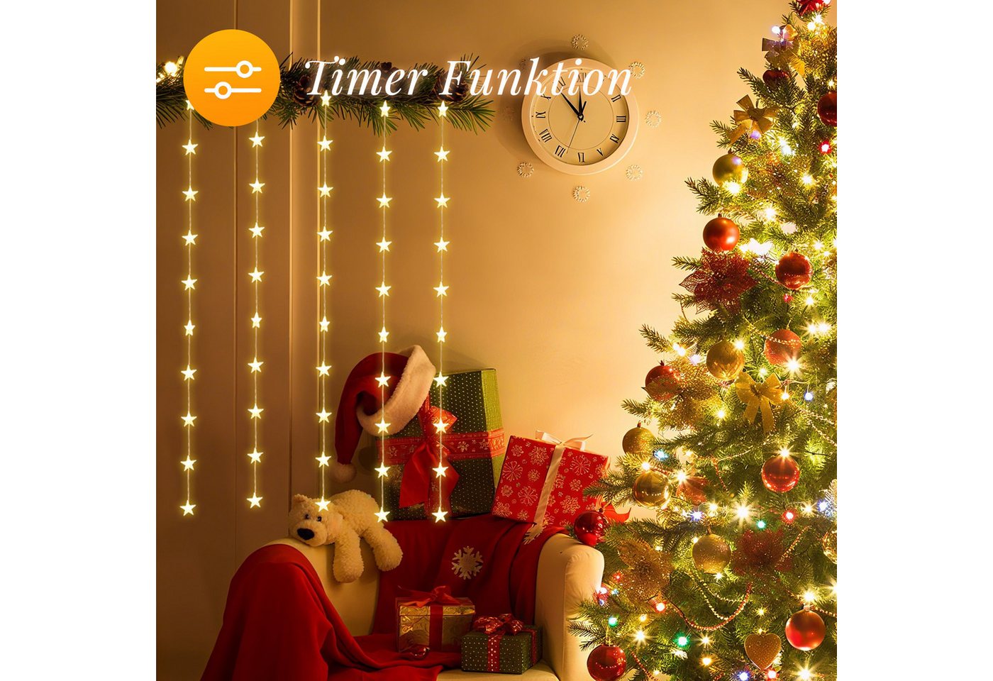 Salcar LED-Lichterkette LED Sternen Lichterkette Weihnachts LED Lichterkette Vorhang USB, 50 Warmweiße LED Sternen Bild 4