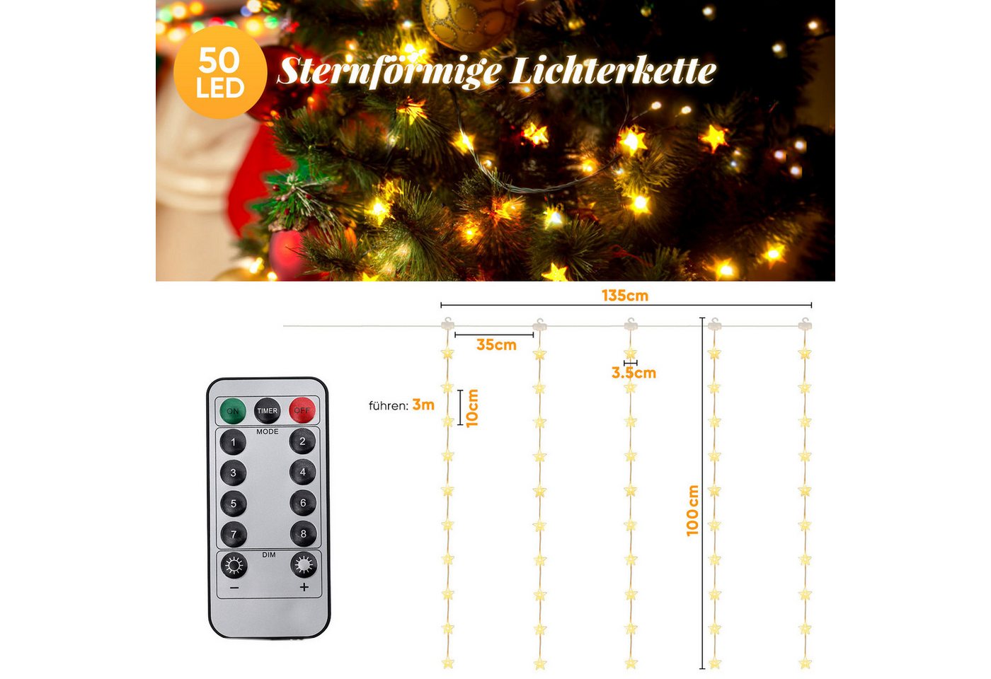 Salcar LED-Lichterkette LED Sternen Lichterkette Weihnachts LED Lichterkette Vorhang USB, 50 Warmweiße LED Sternen Bild 5