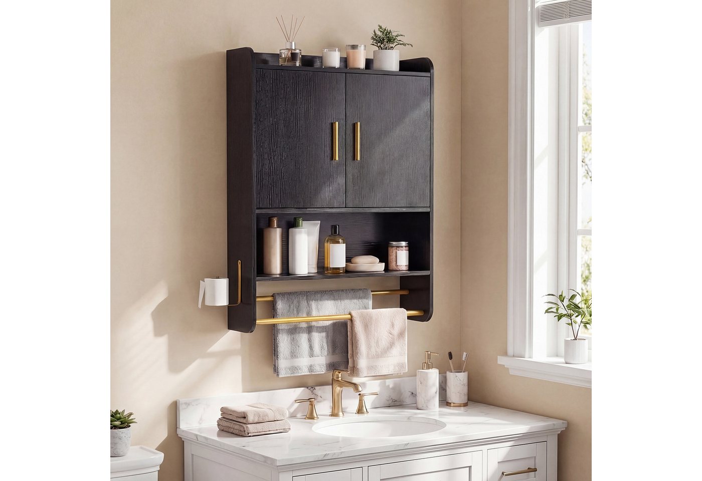 KOMFOTTEU Hängeschrank Medizinschrank mit 2 Türen, Handtuchhalter & Haken Bild 3