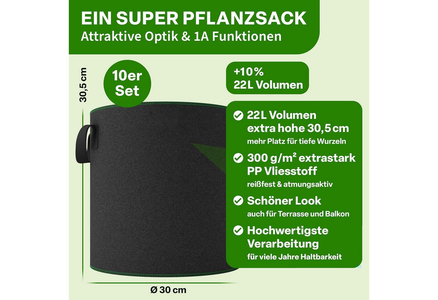 SURFOU Pflanzkübel Pflanzsack 10x 22L verdickter Filz-Vlies, atmungsaktiv mit Griffen, Tomatentopf & Kartoffel Pflanzsack, für Gemüse, Balkon & Garten. Bild 3