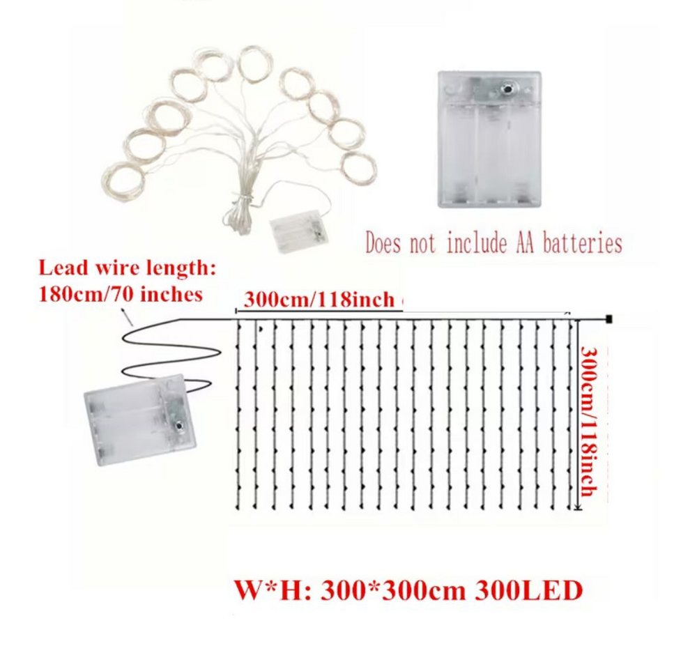 Wrischan LED-Lichtervorhang LED Lichtervorhang 3x3m 300 LEDs Warmweiß mit Fernbedienung 8 Modi, 300 LEDs, 8 Modi, Timer, dimmbar, Fernbedienung, IP65