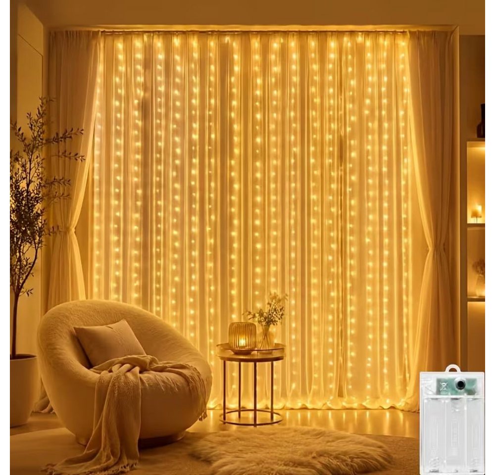 Wrischan LED-Lichtervorhang LED Lichtervorhang 3x3m 300 LEDs Warmweiß mit Fernbedienung 8 Modi, 300 LEDs, 8 Modi, Timer, dimmbar, Fernbedienung, IP65 Bild 2