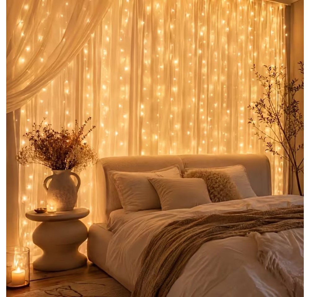 Wrischan LED-Lichtervorhang LED Lichtervorhang 3x3m 300 LEDs Warmweiß mit Fernbedienung 8 Modi, 300 LEDs, 8 Modi, Timer, dimmbar, Fernbedienung, IP65 Bild 4
