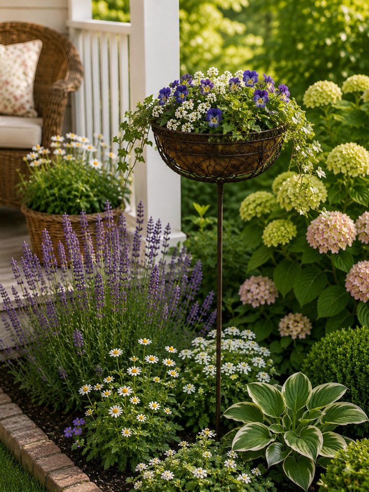 finehomegarden Gartenstecker Korb am Stab Pflanzkorb Metall Ø20cm H117cm braun rostfarbend (1-St) Pflanzschale Shabby Gartendeko Pflanztopf Rankstab / Paket