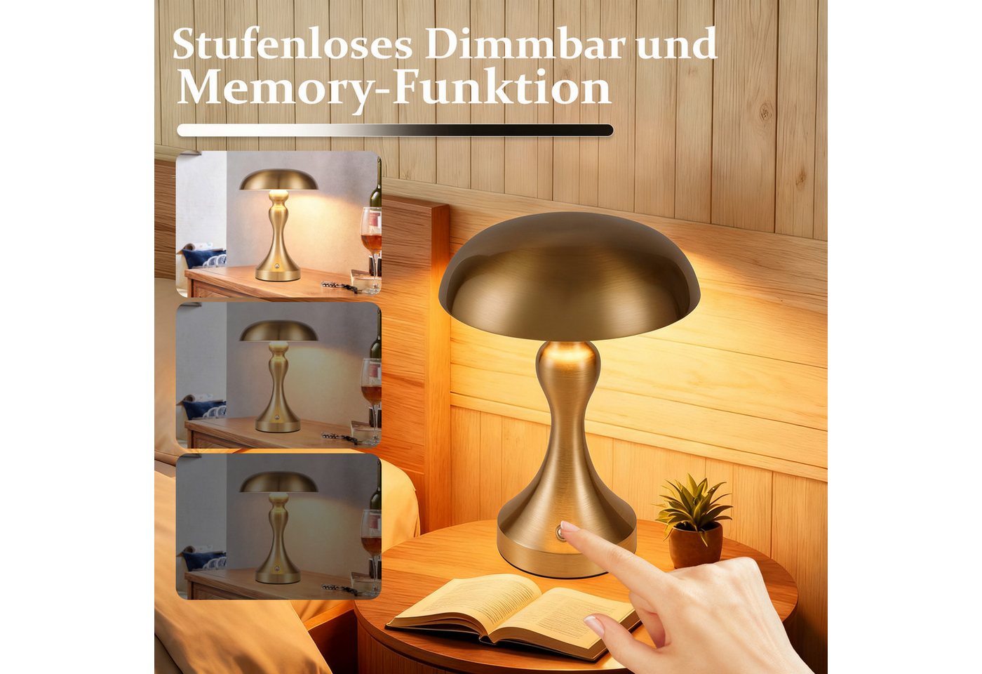 ZMH LED Tischleuchte kabellose Akku-Nachttischlampe mit Touch-Steuerung, dimmbar, 3 Lichtfarben, USB-aufladbar, LED fest integriert, 3000-6500K