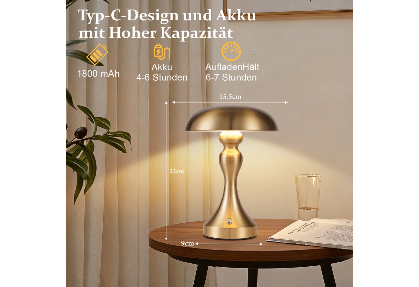 ZMH LED Tischleuchte kabellose Akku-Nachttischlampe mit Touch-Steuerung, dimmbar, 3 Lichtfarben, USB-aufladbar, LED fest integriert, 3000-6500K Bild 4
