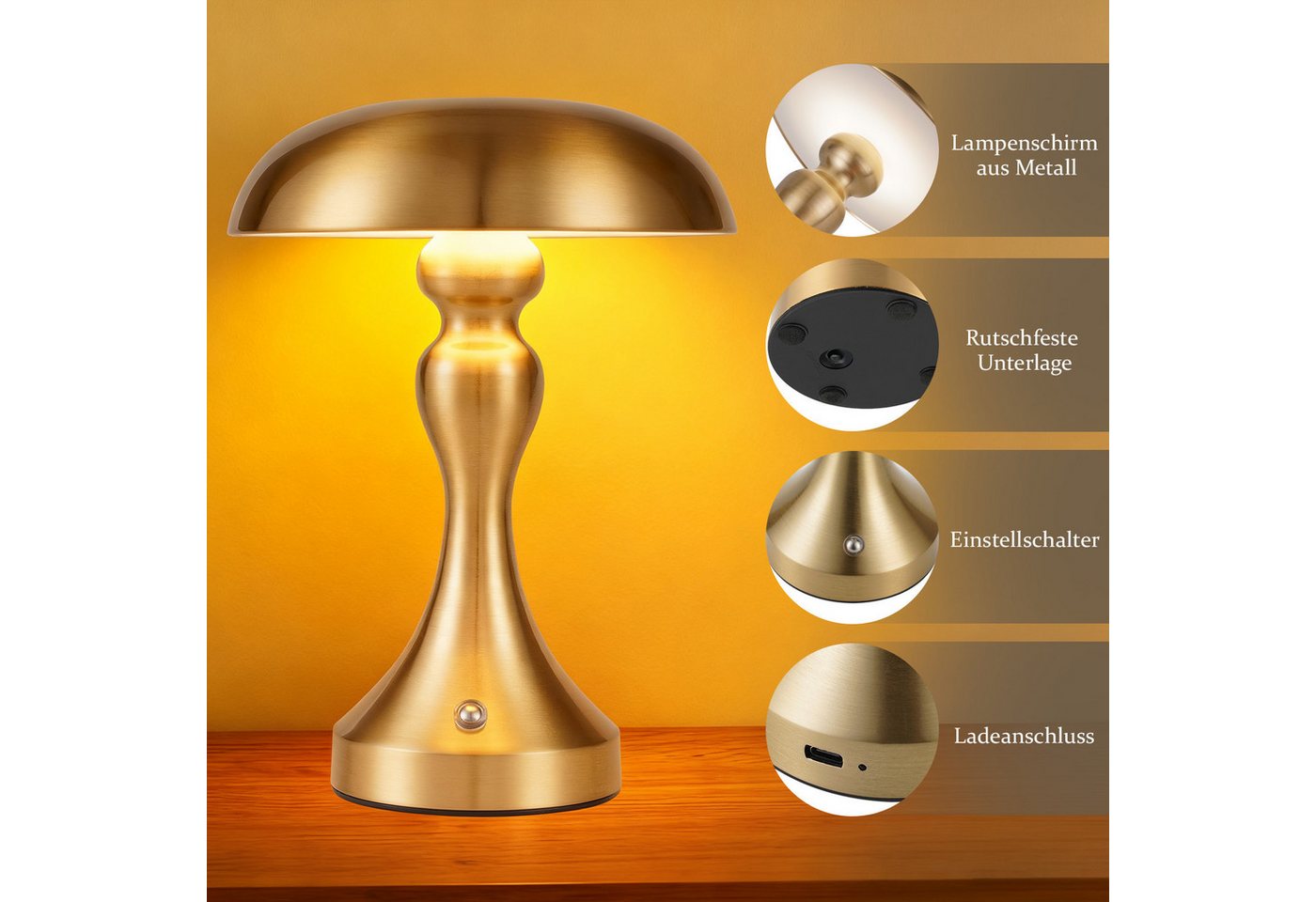 ZMH LED Tischleuchte kabellose Akku-Nachttischlampe mit Touch-Steuerung, dimmbar, 3 Lichtfarben, USB-aufladbar, LED fest integriert, 3000-6500K Bild 5
