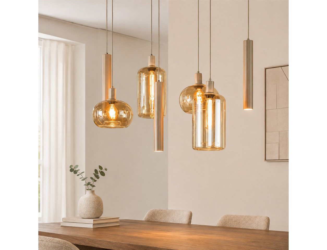 leven! Annekathrin Storkebaum LED Pendelleuchte Pendellampe LUMORA 7 flammig 110 cm Glas beige höhenverstellbar, 4 × E27, 3 × GU10 (Leuchtmittel nicht enthalten), Individuell höhenverstellbar, warme Lichtwirkung