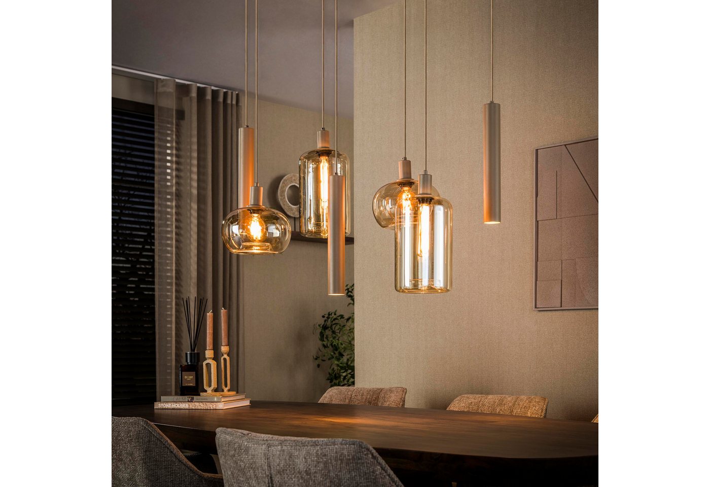 leven! Annekathrin Storkebaum LED Pendelleuchte Pendellampe LUMORA 7 flammig 110 cm Glas beige höhenverstellbar, 4 × E27, 3 × GU10 (Leuchtmittel nicht enthalten), Individuell höhenverstellbar, warme Lichtwirkung Bild 2