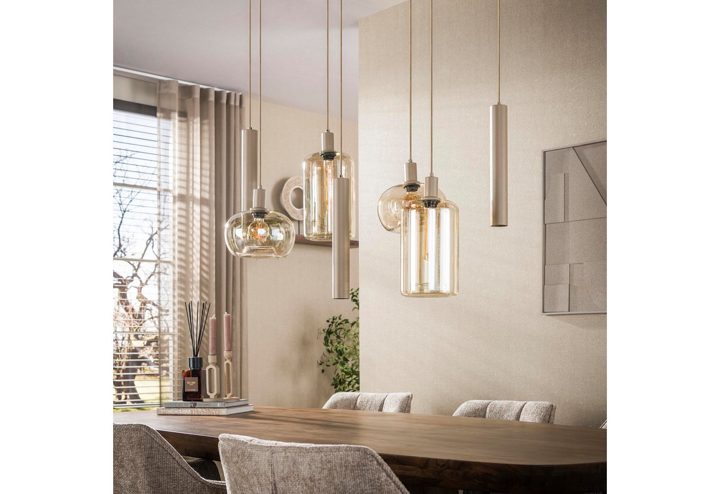 leven! Annekathrin Storkebaum LED Pendelleuchte Pendellampe LUMORA 7 flammig 110 cm Glas beige höhenverstellbar, 4 × E27, 3 × GU10 (Leuchtmittel nicht enthalten), Individuell höhenverstellbar, warme Lichtwirkung Bild 4