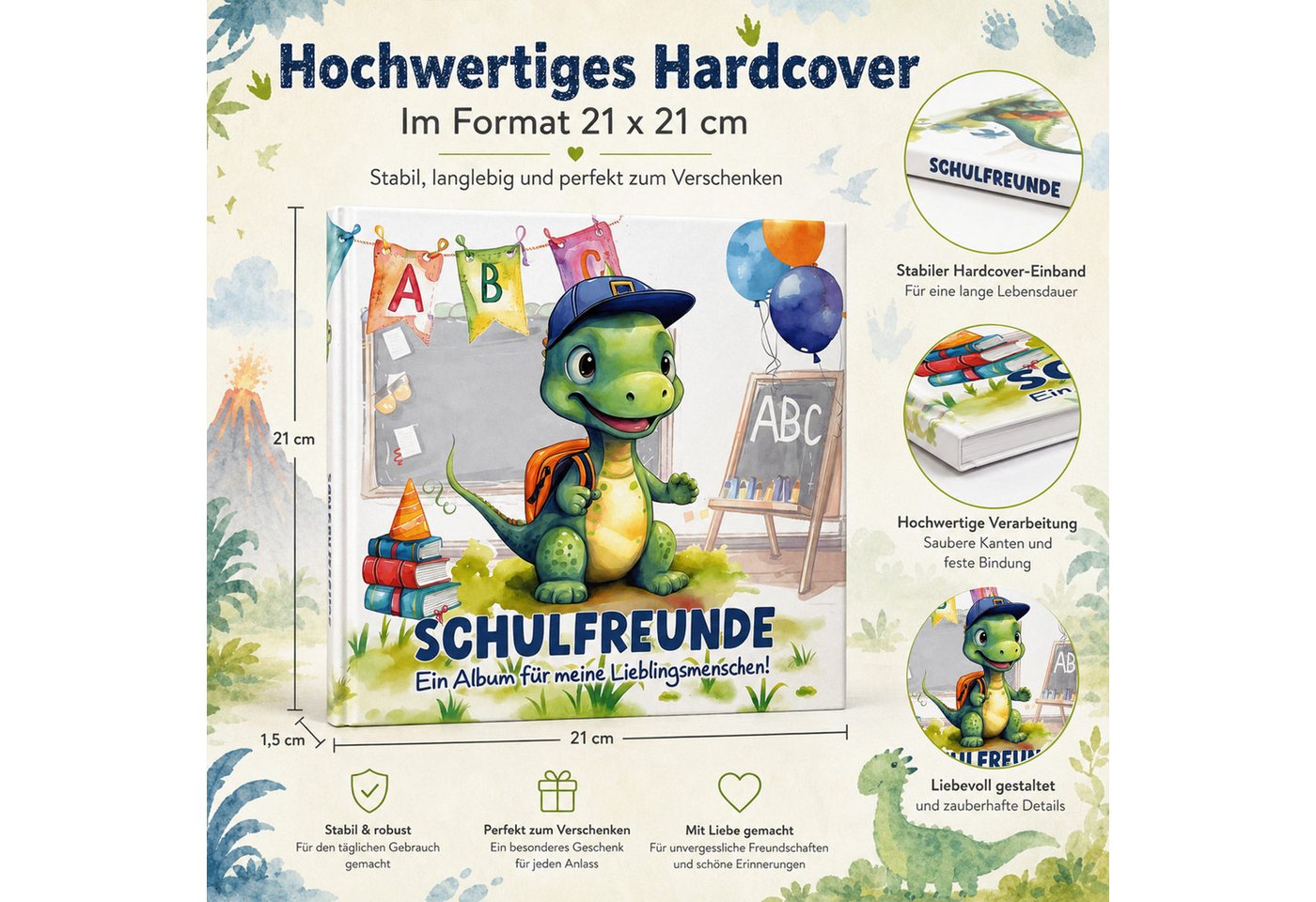 TOBJA Poesiealbum Freundebuch Grundschule Dino 21x21 cm - 30 Freunde, 8 Erwachsene, Dino-Motiv, 92 Seiten, 30 Doppelseiten, FSC®-Papier