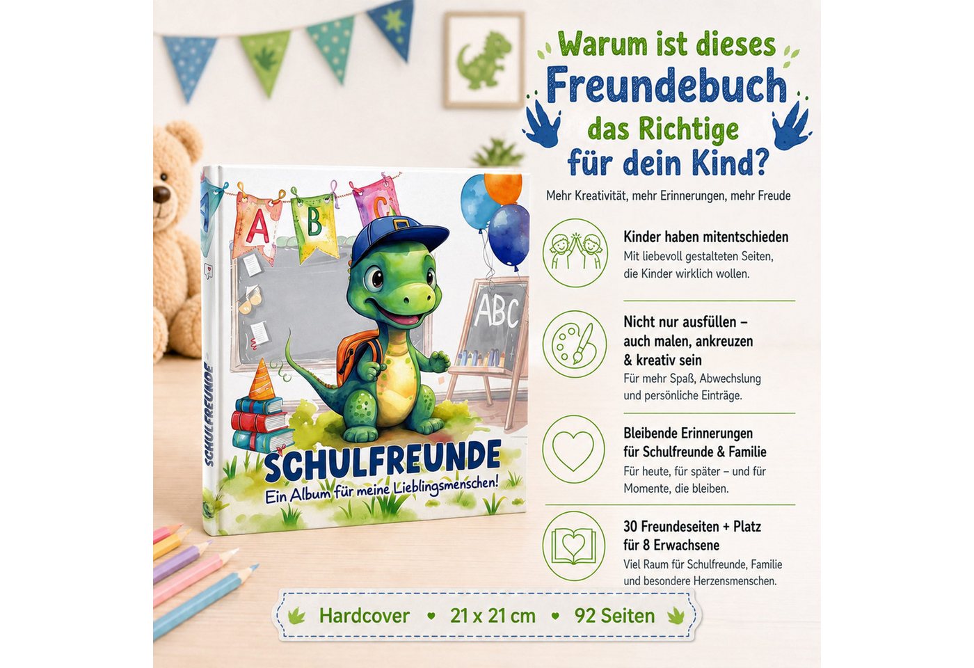 TOBJA Poesiealbum Freundebuch Grundschule Dino 21x21 cm - 30 Freunde, 8 Erwachsene, Dino-Motiv, 92 Seiten, 30 Doppelseiten, FSC®-Papier Bild 2