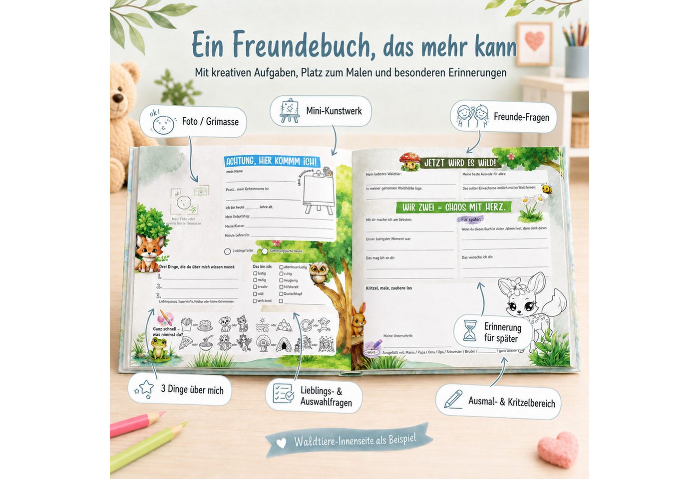 TOBJA Poesiealbum Freundebuch Grundschule Dino 21x21 cm - 30 Freunde, 8 Erwachsene, Dino-Motiv, 92 Seiten, 30 Doppelseiten, FSC®-Papier Bild 3